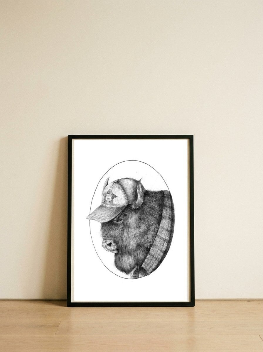 McBison — framed, leaning against the wall