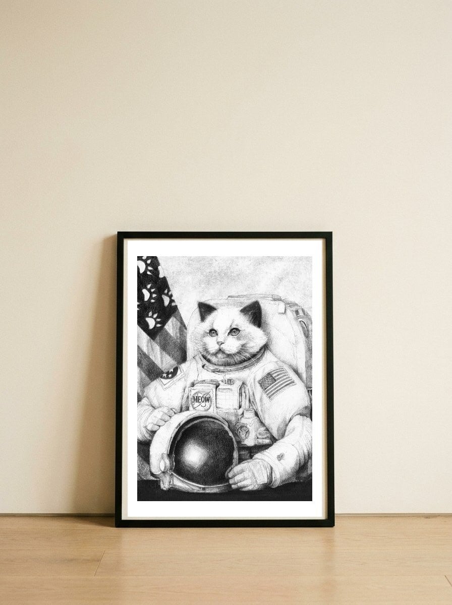 Meow Out in Space — framed, leaning against the wall