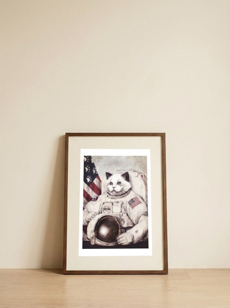 Meow Out in Space — framed, leaning against the wall