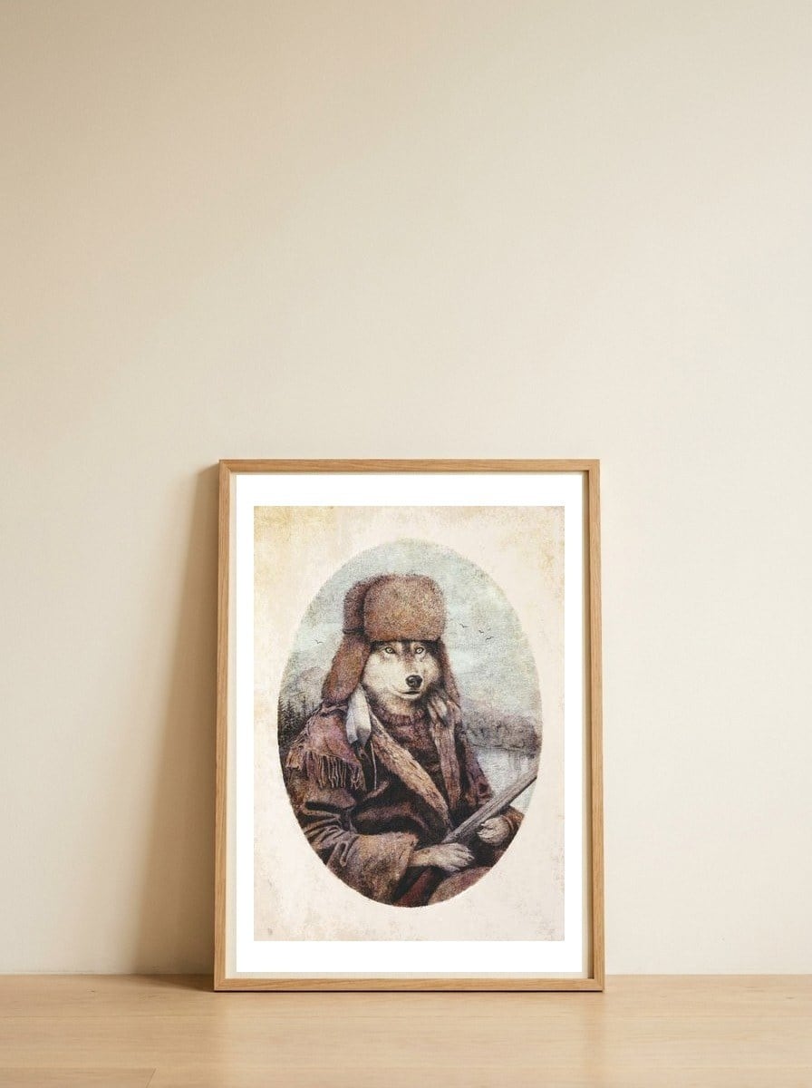 Mountain Wolf — framed, leaning against the wall