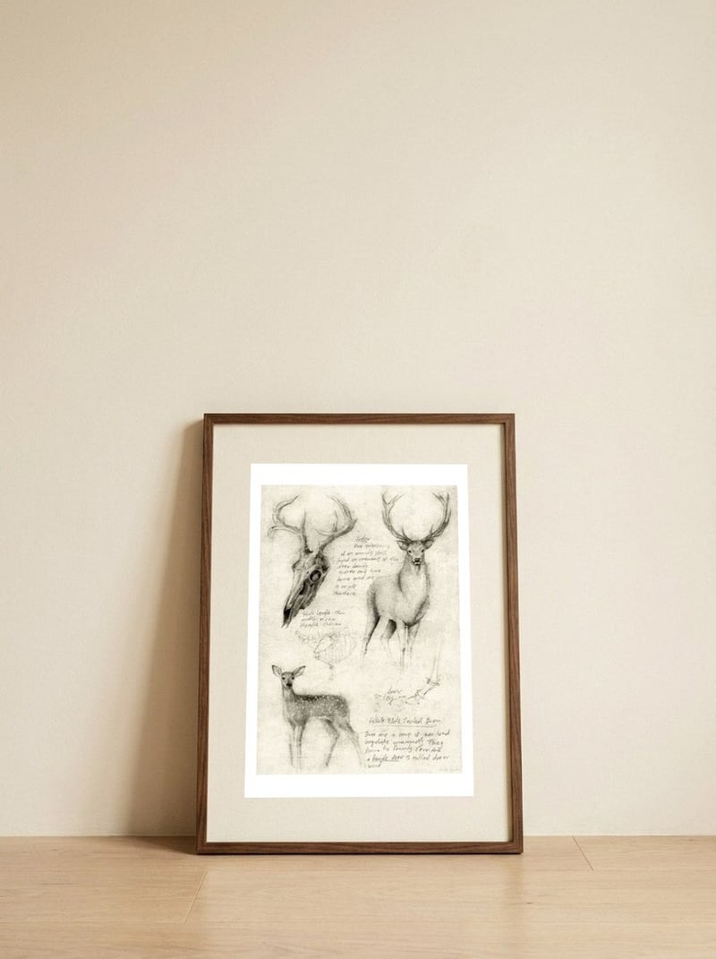 deer — framed, leaning against the wall