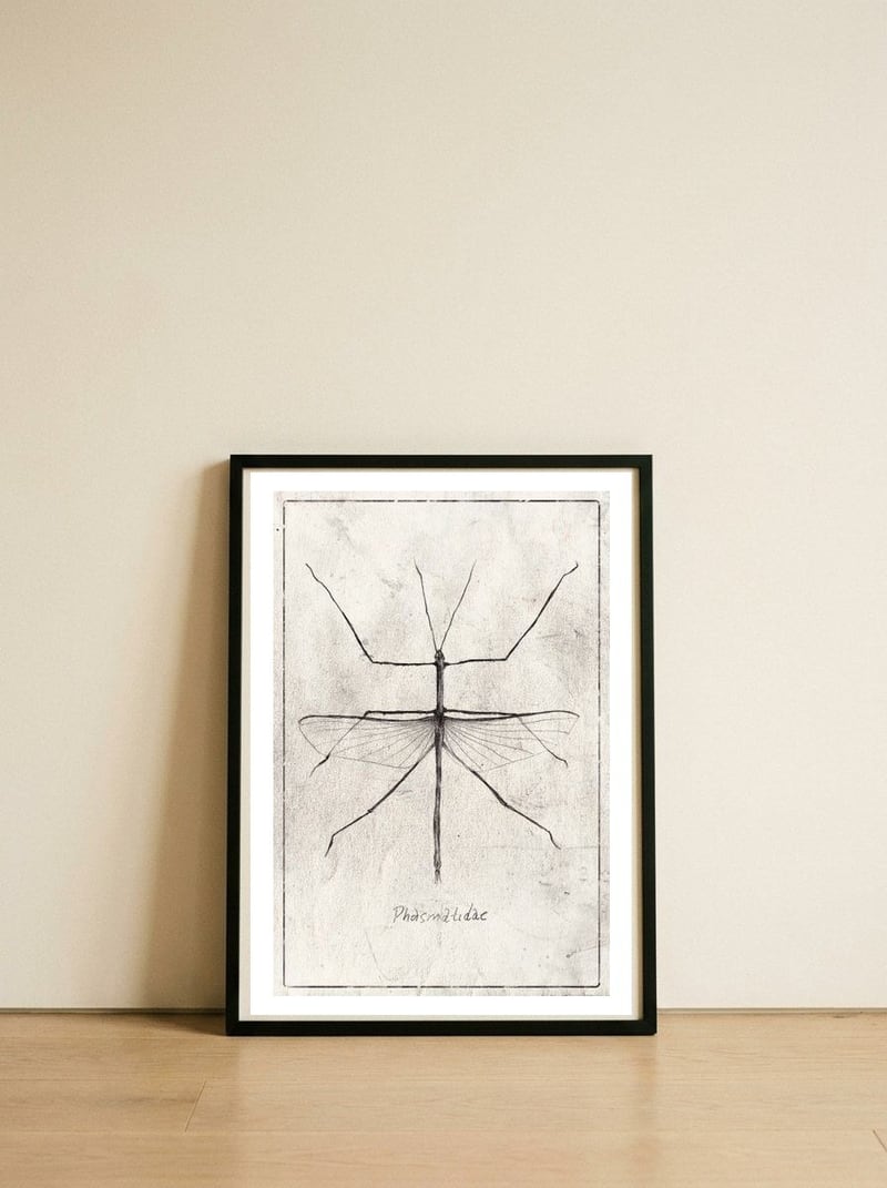 Phasmatidae — framed, leaning against the wall
