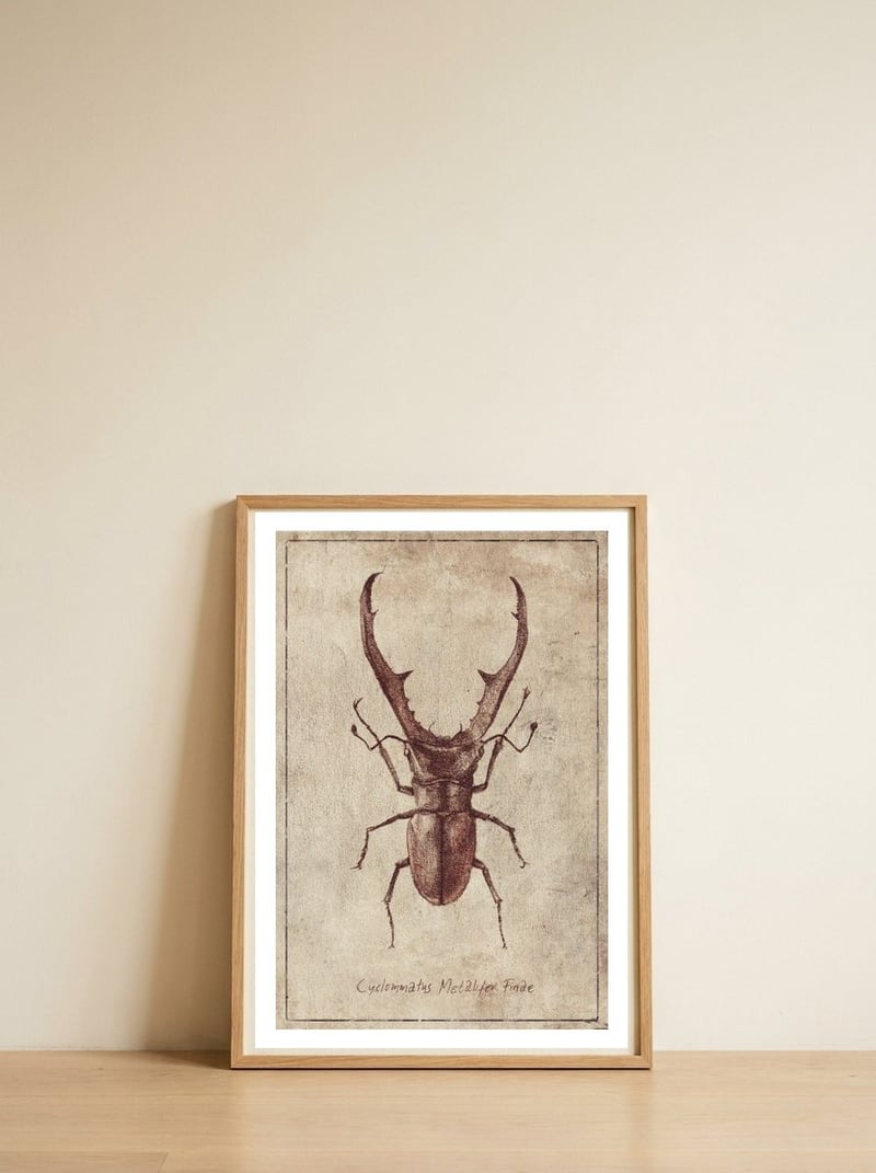 Cyclommatus Metalifer Finae — framed, leaning against the wall