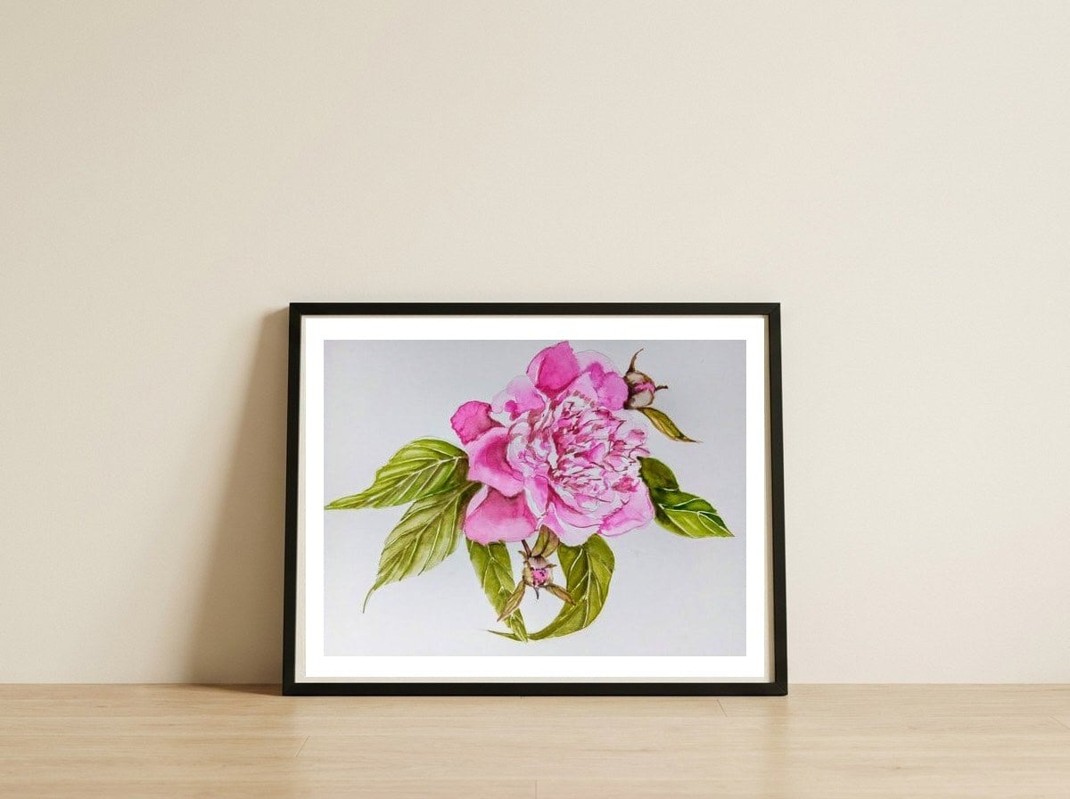 Peony — framed, leaning against the wall
