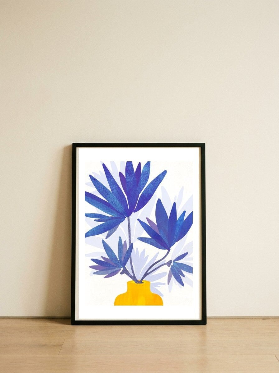 Indigo Blooms — framed, leaning against the wall