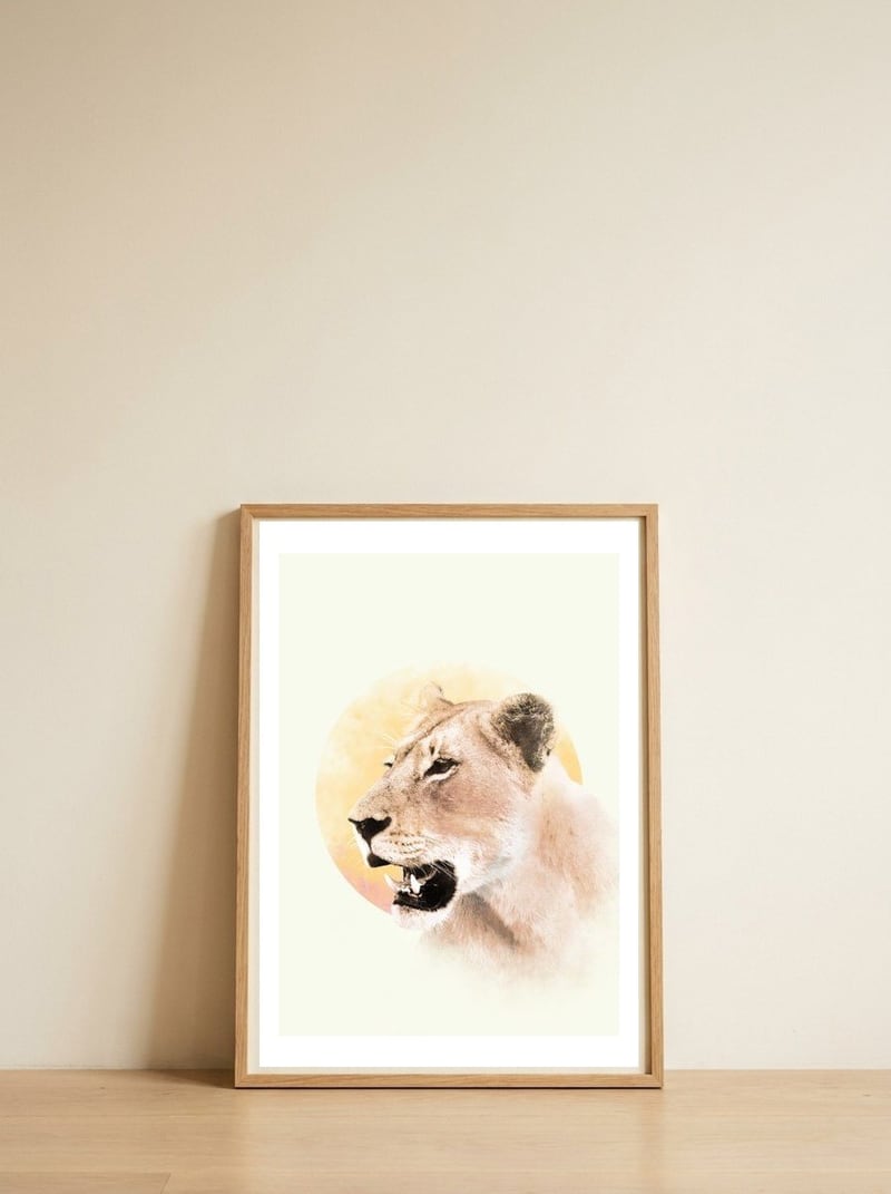 Lioness — framed, leaning against the wall