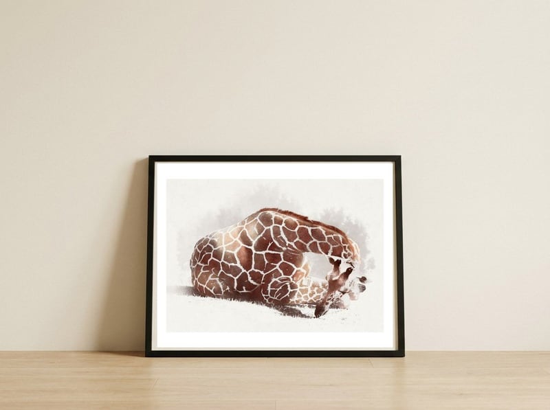 Giraffe — framed, leaning against the wall