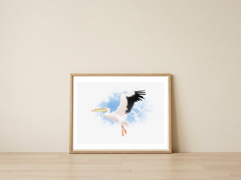 Pelican — framed, leaning against the wall