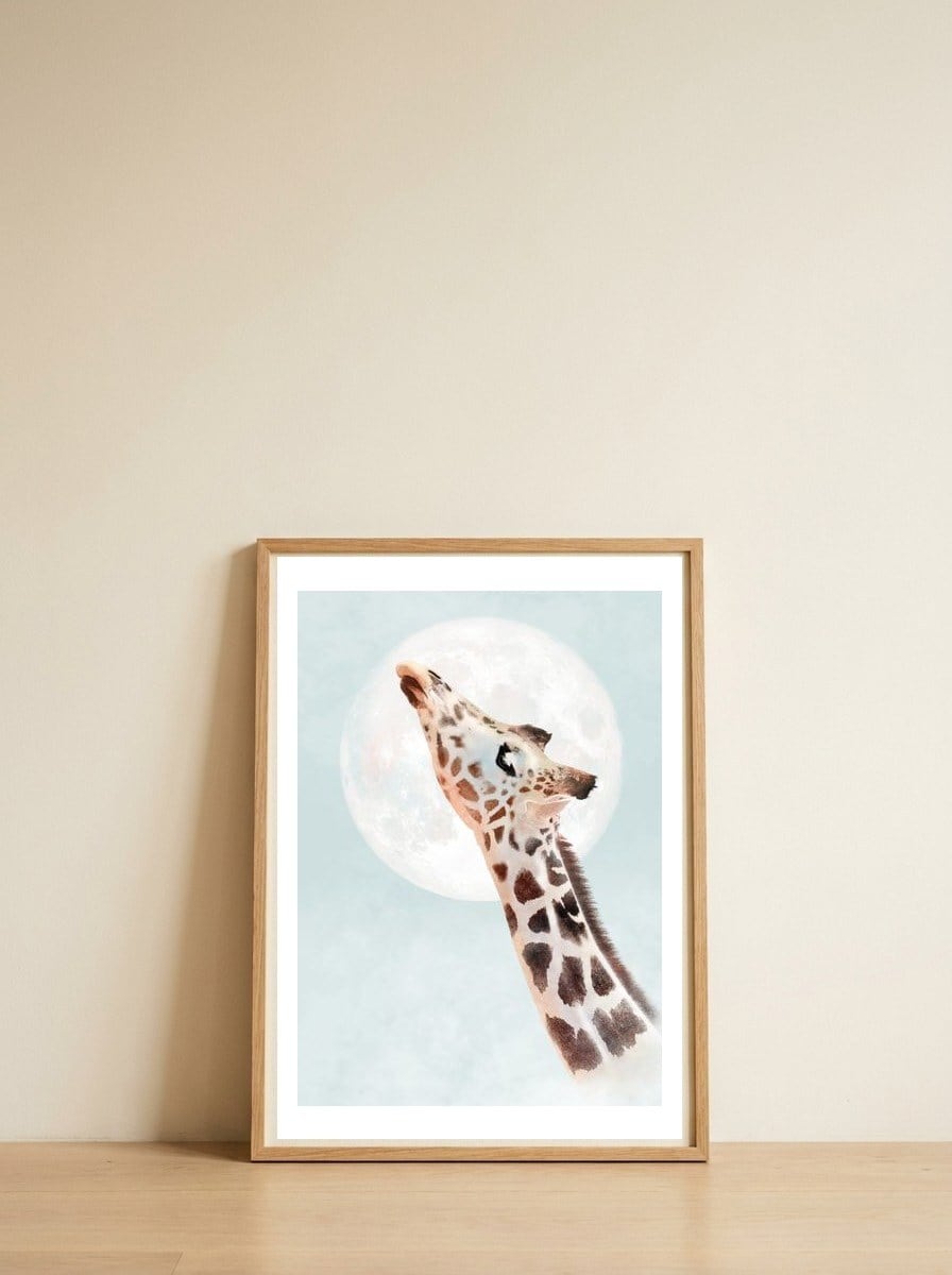 Giraffe And Moon — framed, leaning against the wall
