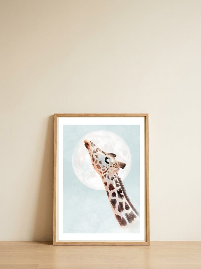 Giraffe And Moon — framed, leaning against the wall