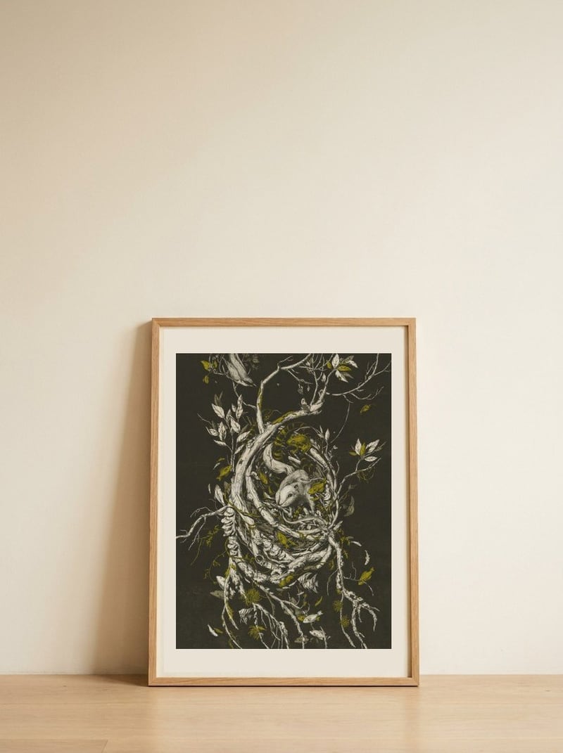 The Mangrove Tree — framed, leaning against the wall