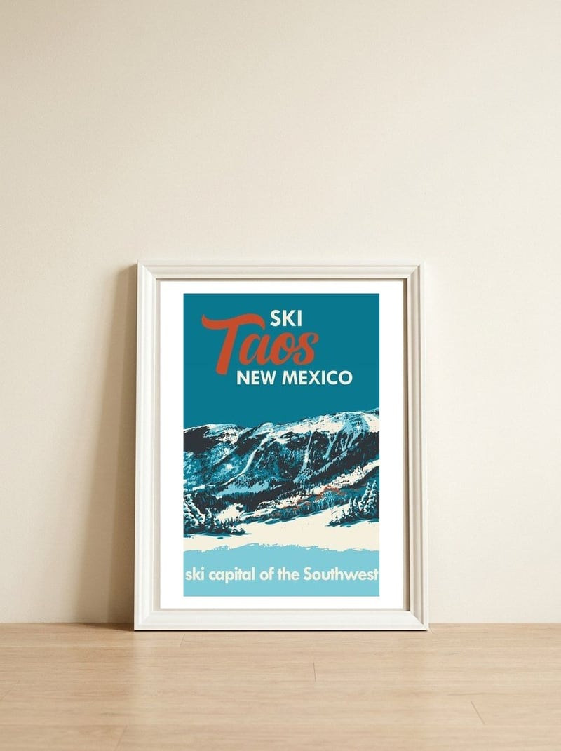 Ski Taos New Mexico vintage poster — framed, leaning against the wall