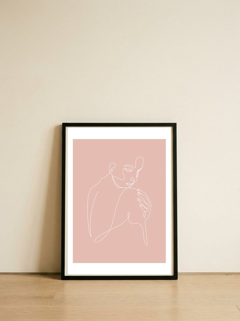 Sleep woman line pink — framed, leaning against the wall