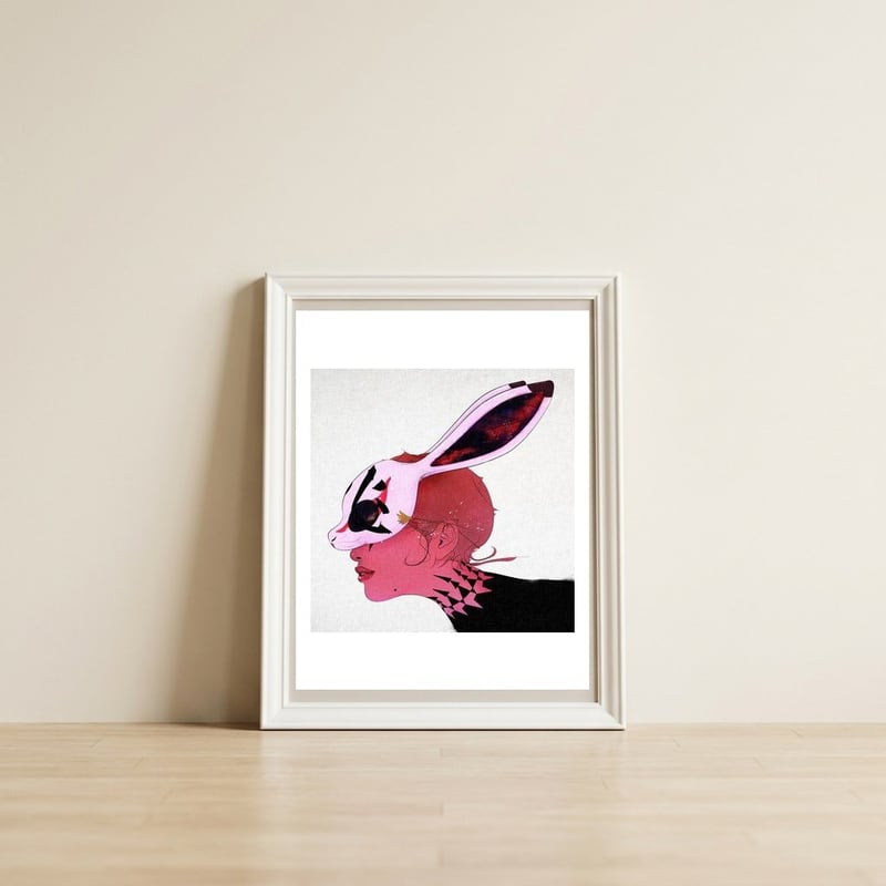 Rabbit Mask — framed, leaning against the wall