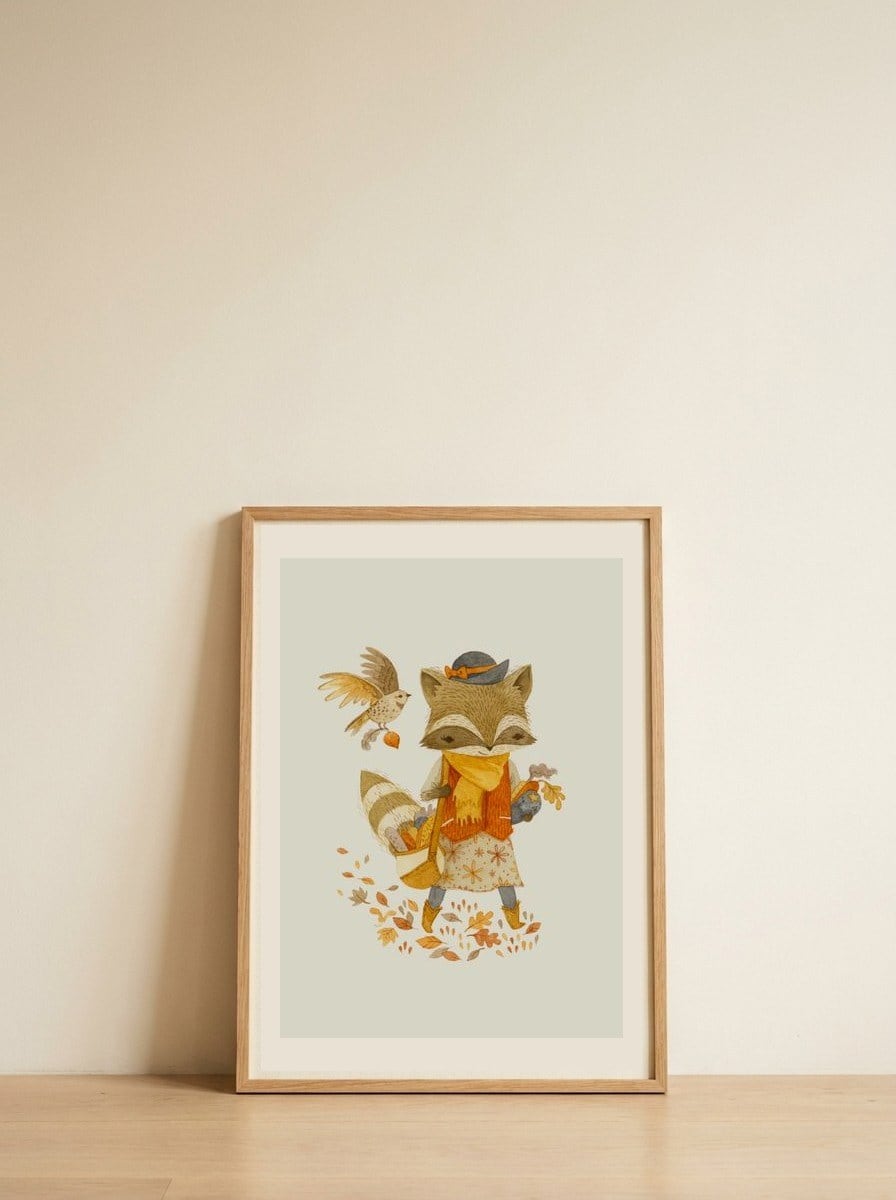 Rebecca The Radish Raccoon — framed, leaning against the wall