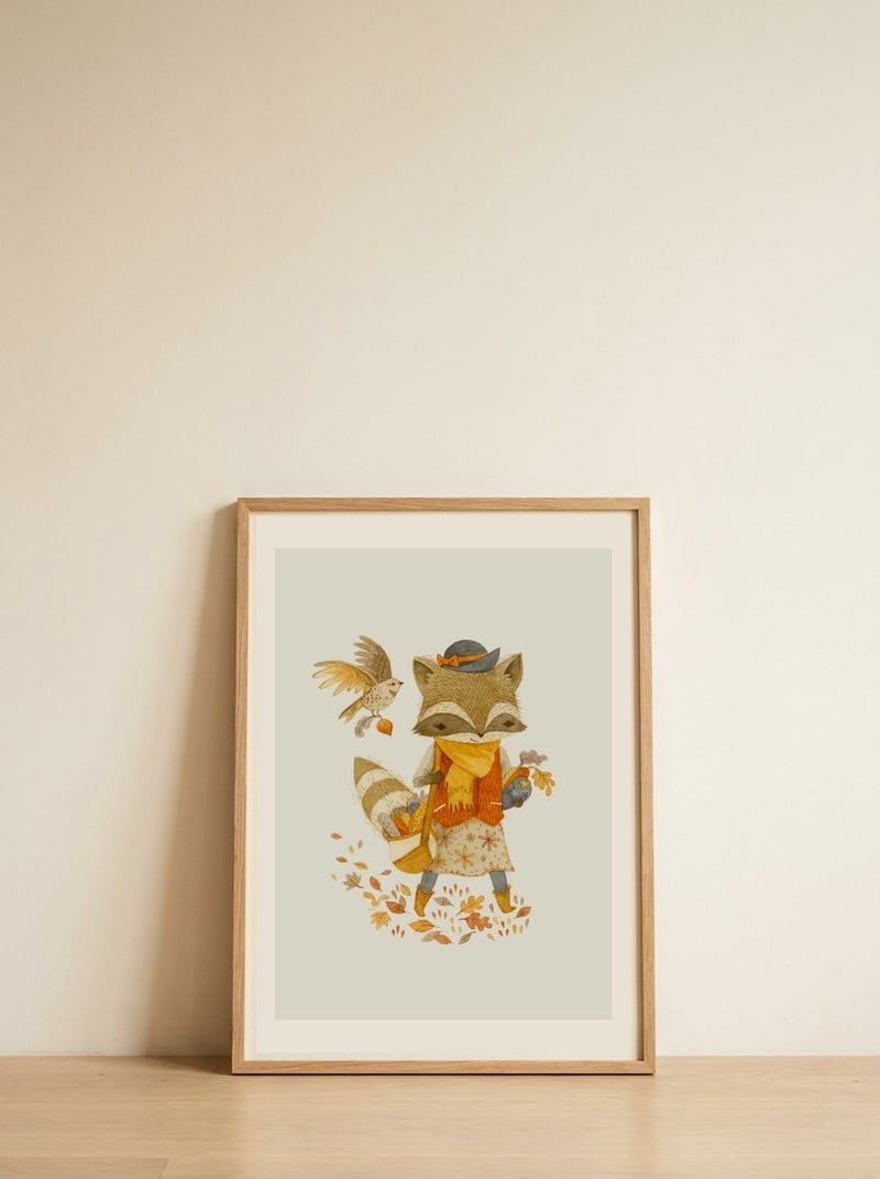 Rebecca The Radish Raccoon — framed, leaning against the wall