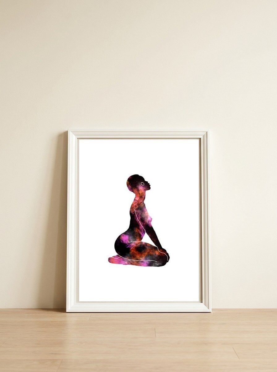 Girl on fire — framed, leaning against the wall