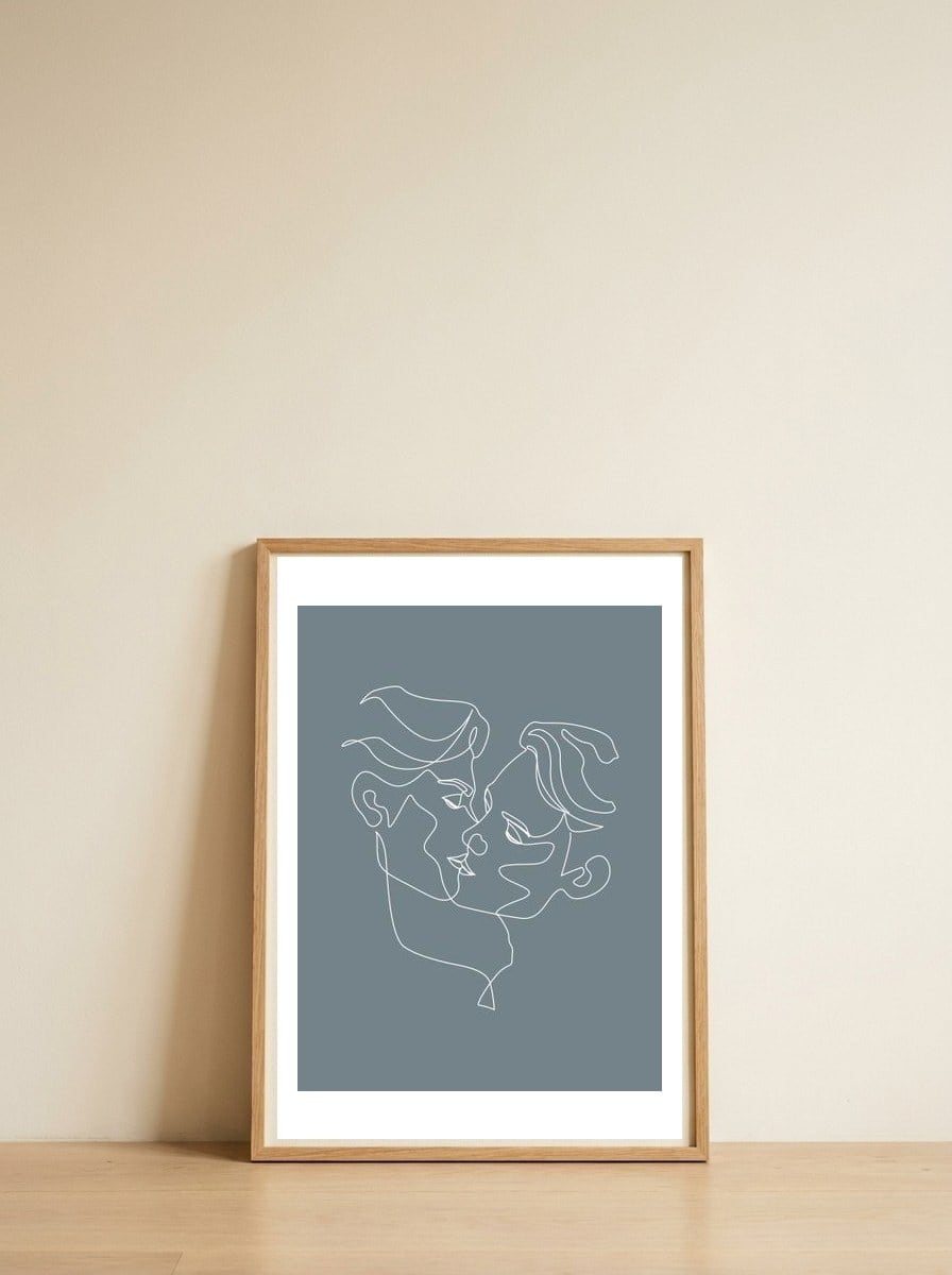 gay love line art-blue — framed, leaning against the wall