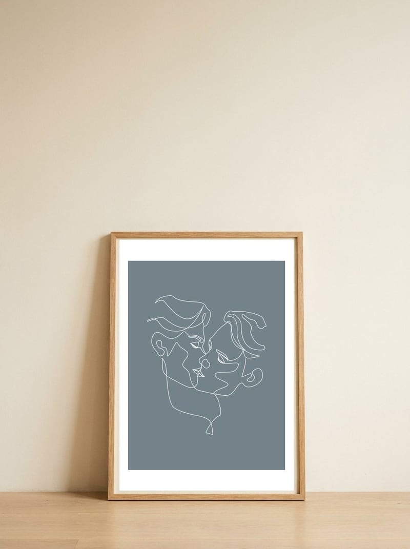 gay love line art-blue — framed, leaning against the wall