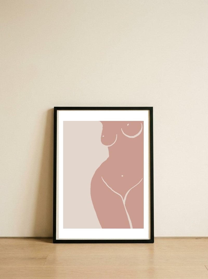 Female nude closeup line-a — framed, leaning against the wall