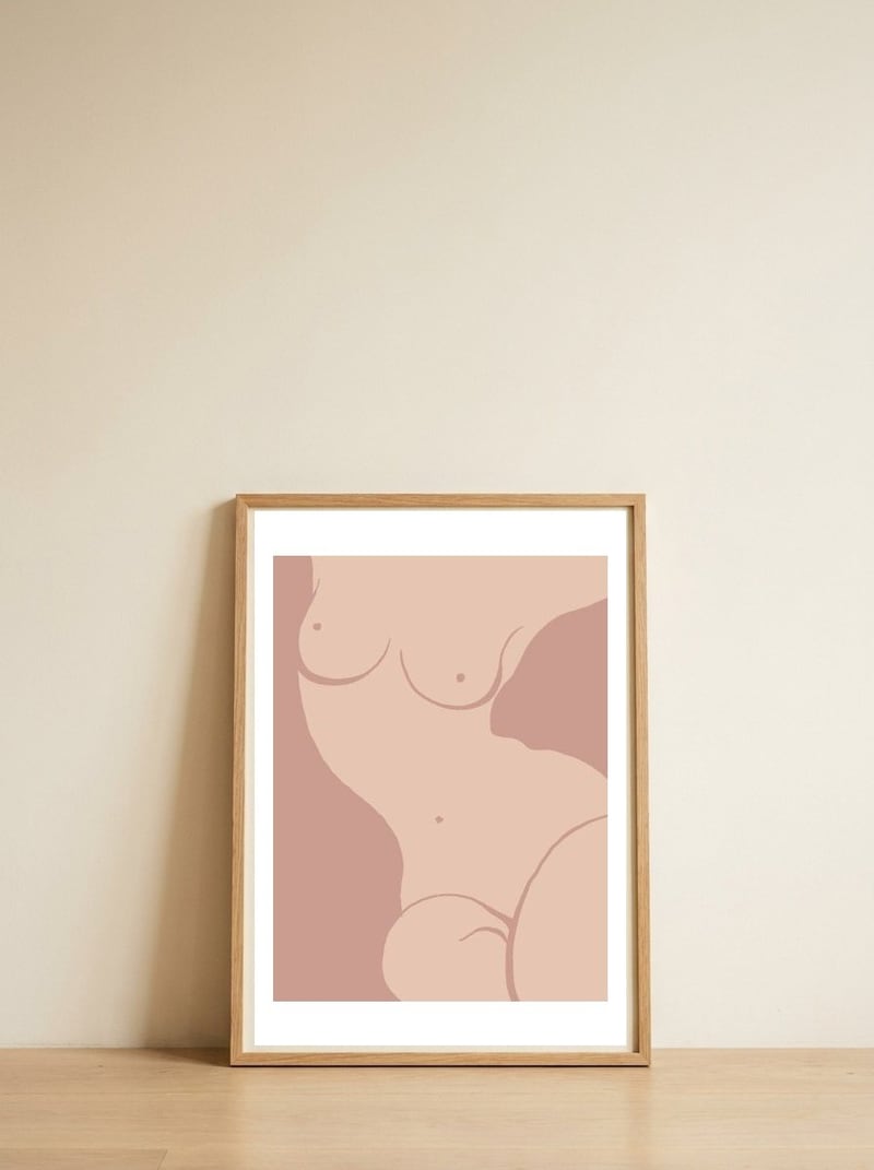 Female nude closeup line-b — framed, leaning against the wall