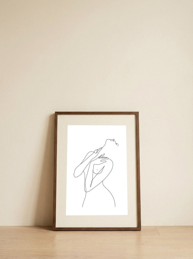 wake woman line — framed, leaning against the wall