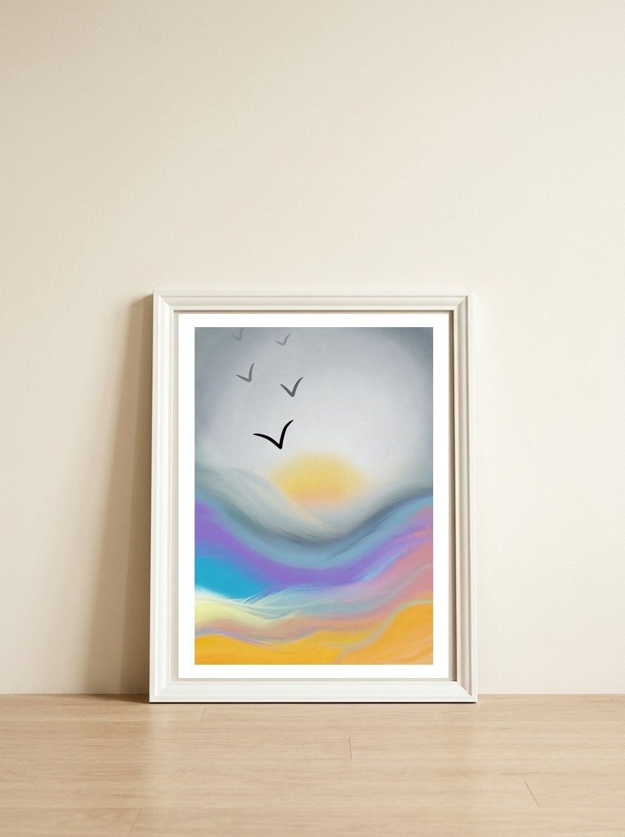 Sunset Waves — framed, leaning against the wall