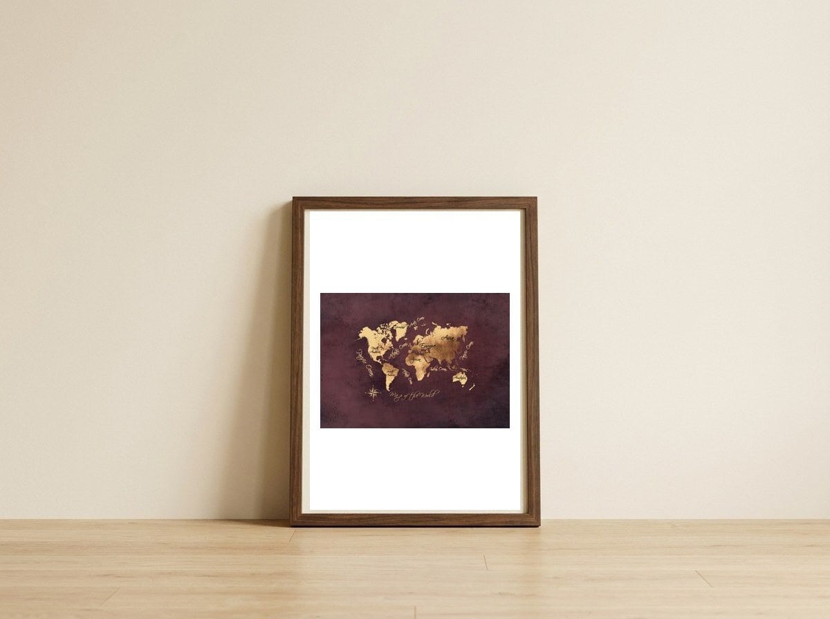 Word Map Gold Dark — framed, leaning against the wall