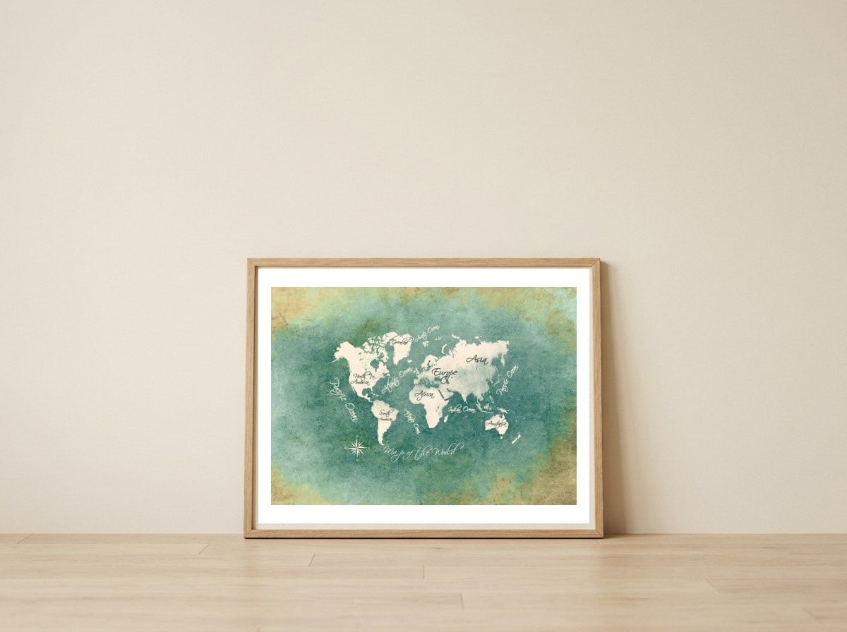World Map White Green — framed, leaning against the wall