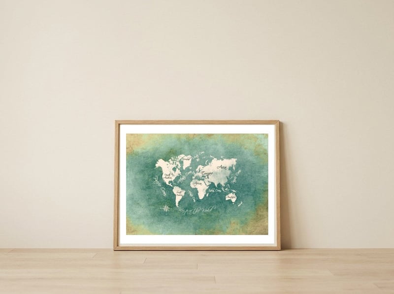 World Map White Green — framed, leaning against the wall