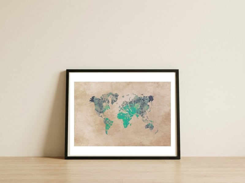 world map green — framed, leaning against the wall