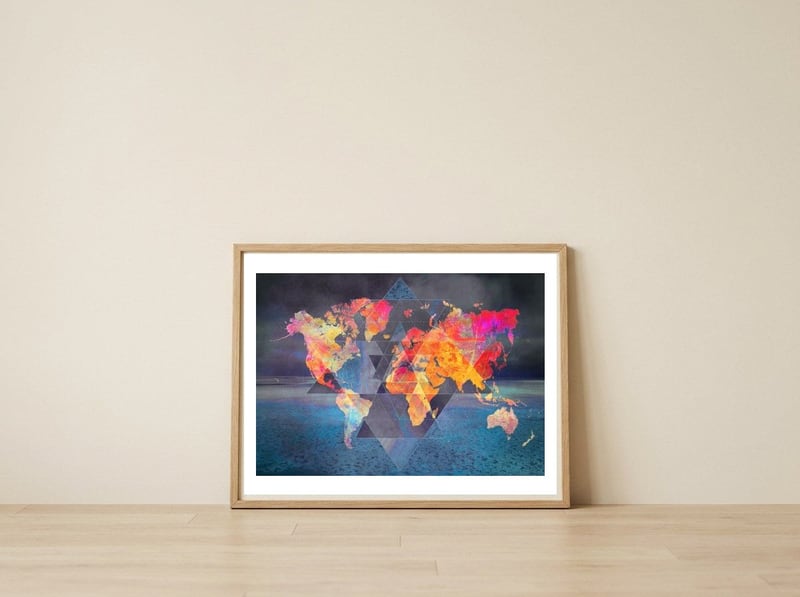 World Map triangle — framed, leaning against the wall