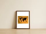 World Map black and yellow digital art — framed, leaning against the wall thumbnail