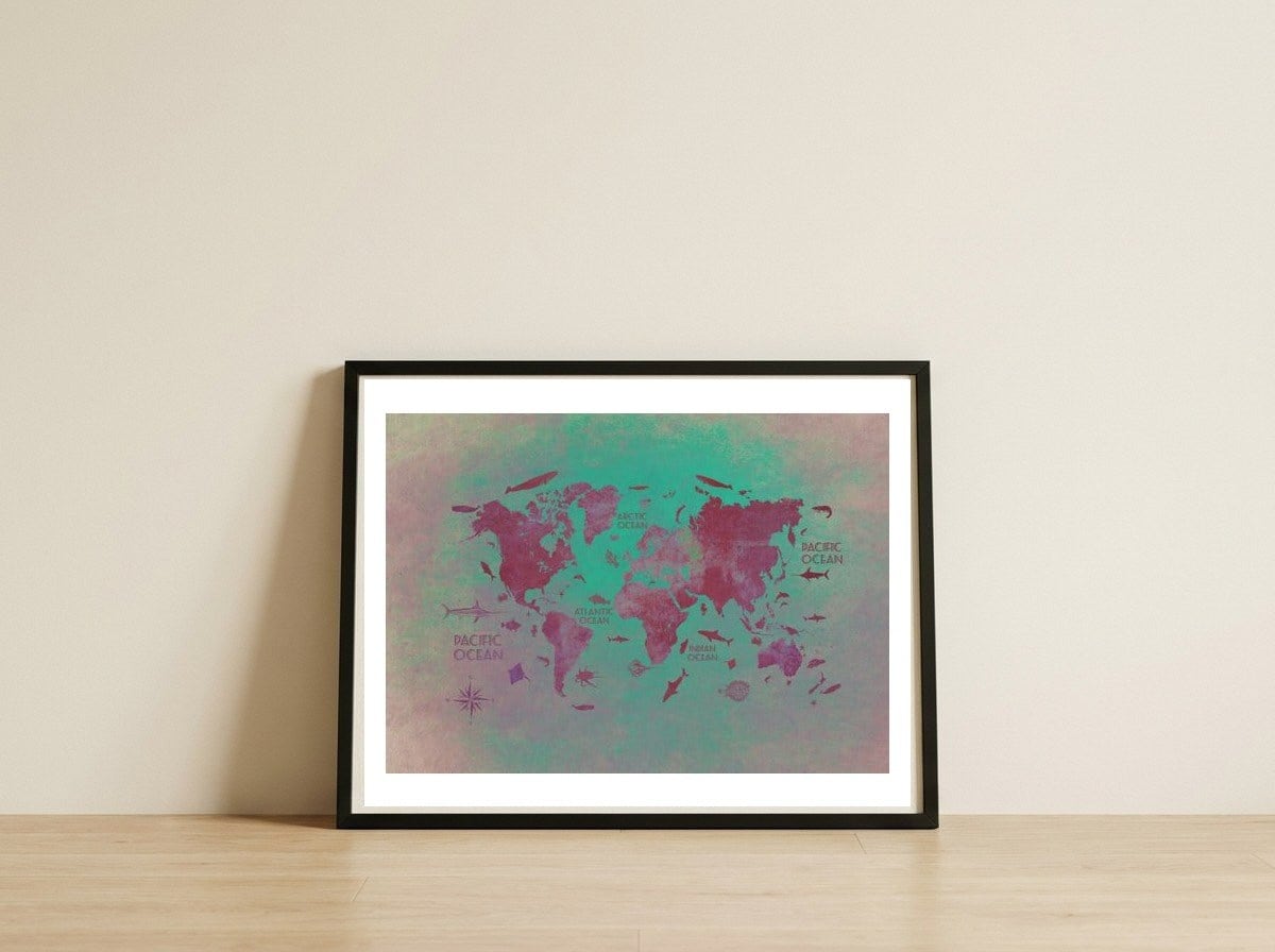 World Map text green — framed, leaning against the wall