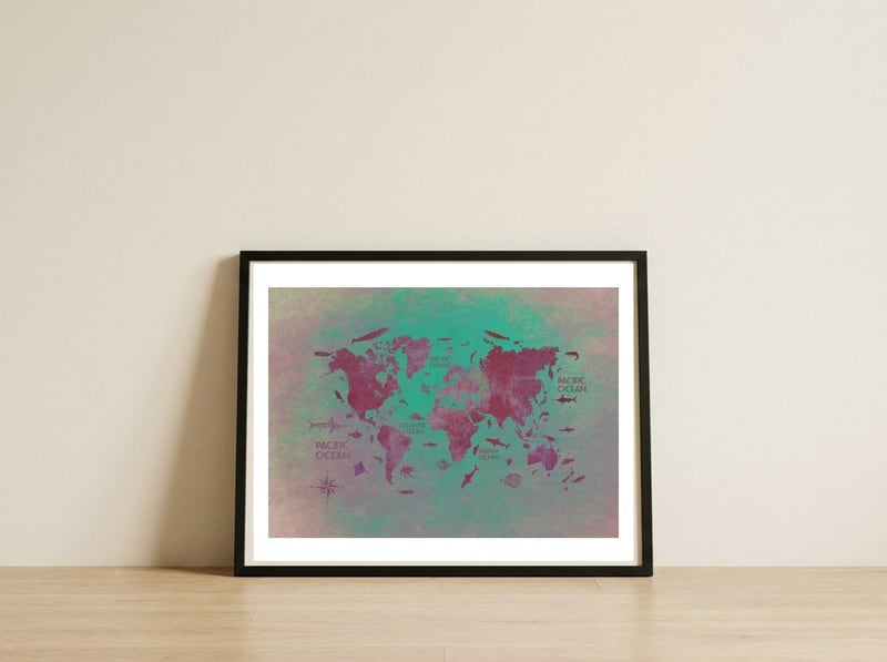 World Map text green — framed, leaning against the wall