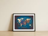 World Map Wind Rose blue — framed, leaning against the wall thumbnail