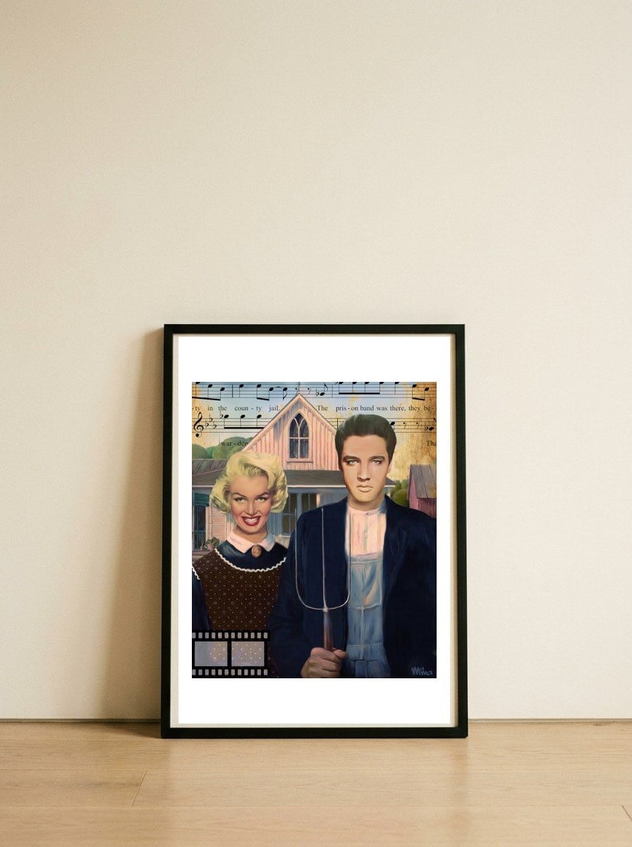 Tribute to Marilyn and Elvis — framed, leaning against the wall