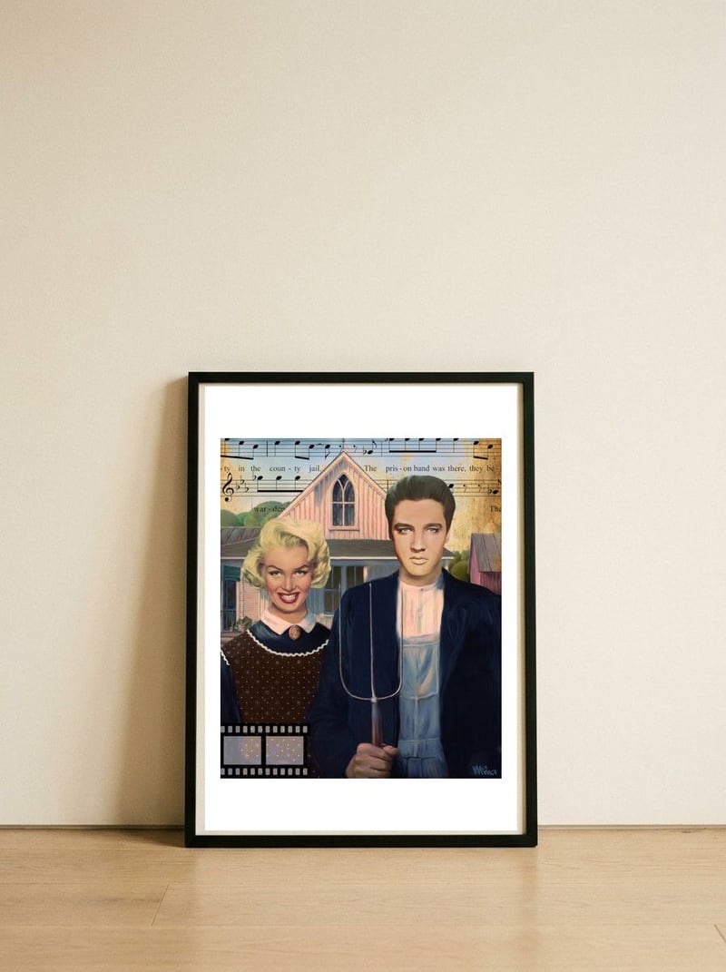 Tribute to Marilyn and Elvis — framed, leaning against the wall