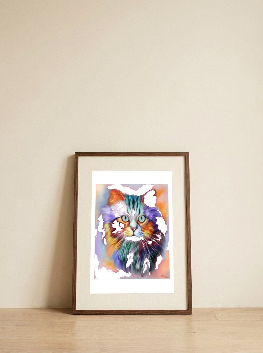 Rainbow Cat — framed, leaning against the wall