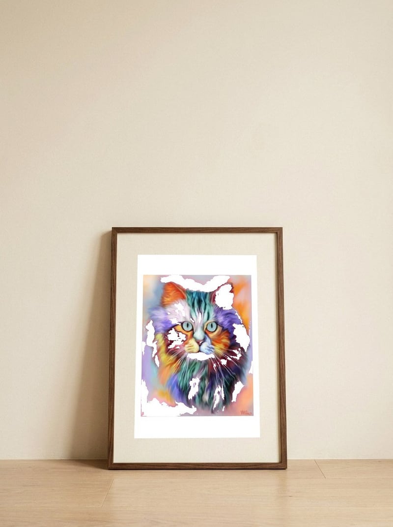Rainbow Cat — framed, leaning against the wall