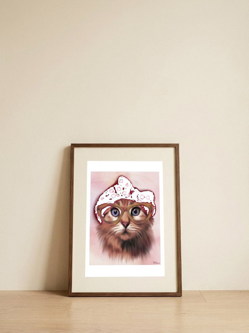 Pinup Cat — framed, leaning against the wall