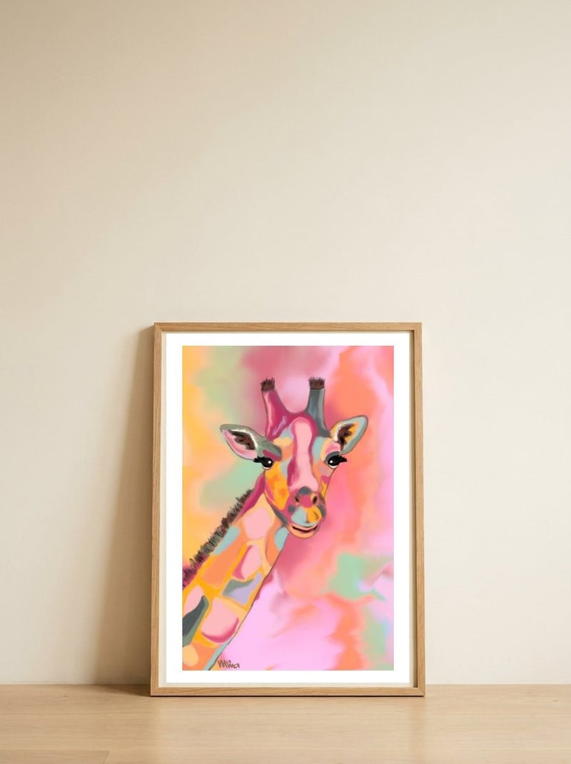 Giraffe Reaching the Rainbow — framed, leaning against the wall