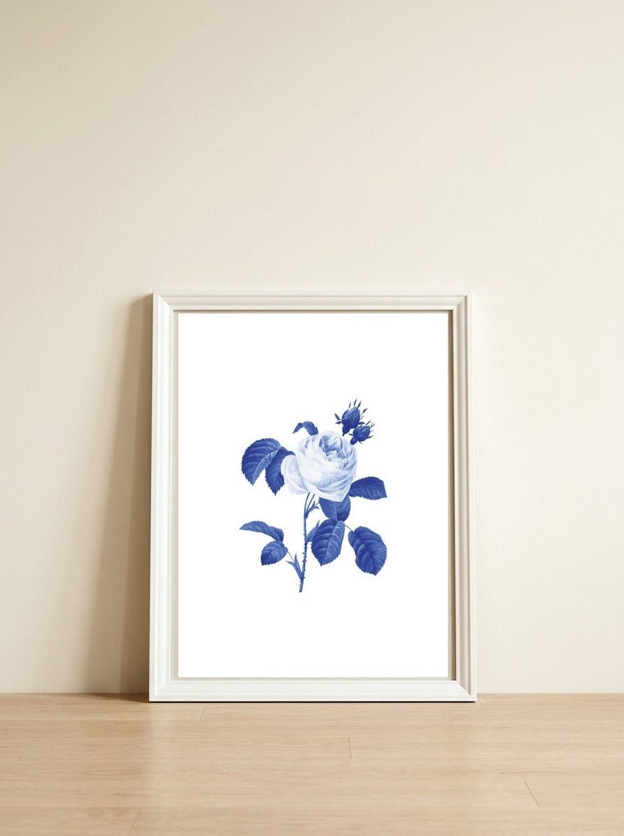 Blue Botanic I — framed, leaning against the wall