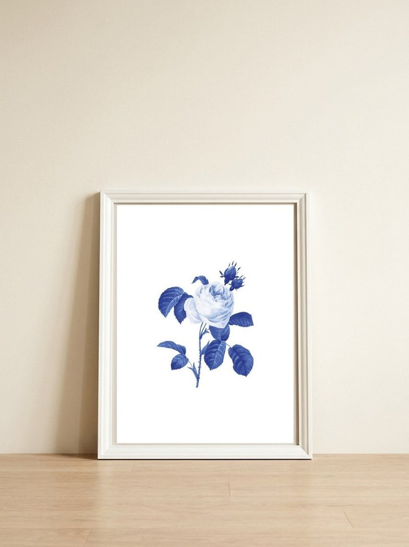Blue Botanic I — framed, leaning against the wall