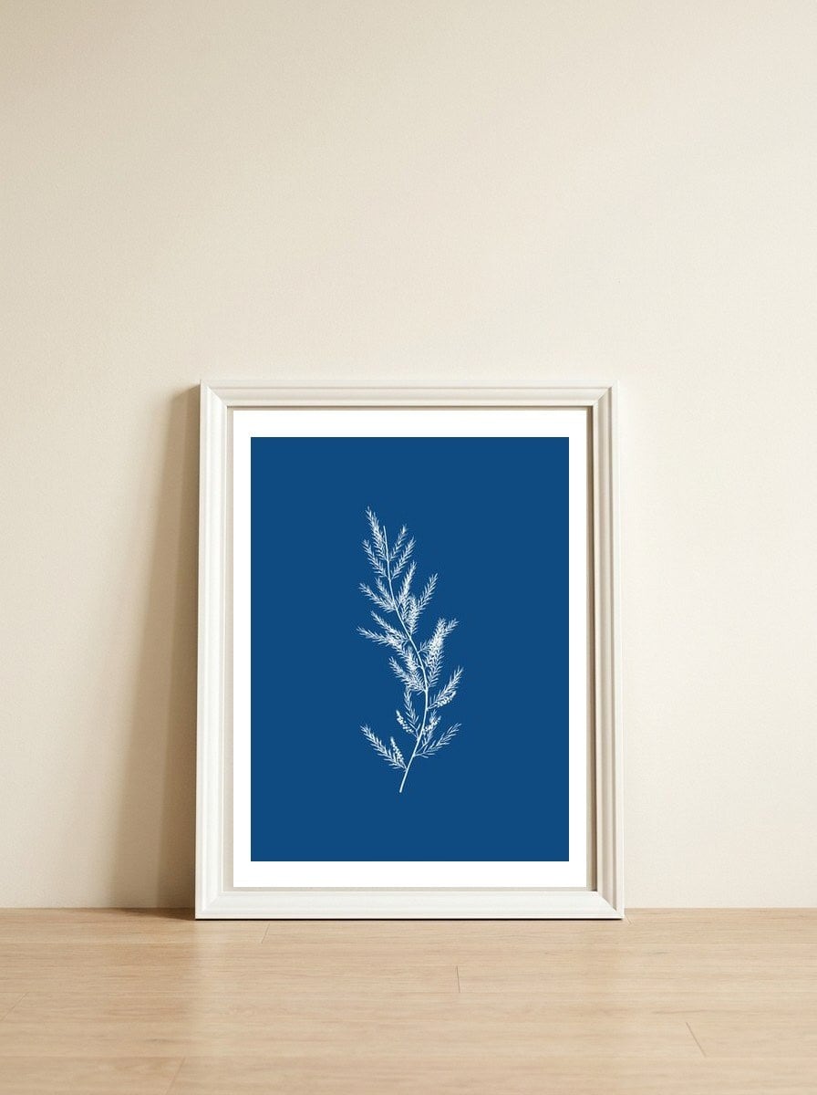 Blue Botanical II — framed, leaning against the wall