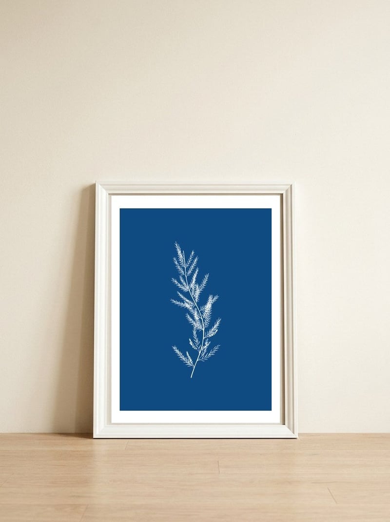 Blue Botanical II — framed, leaning against the wall