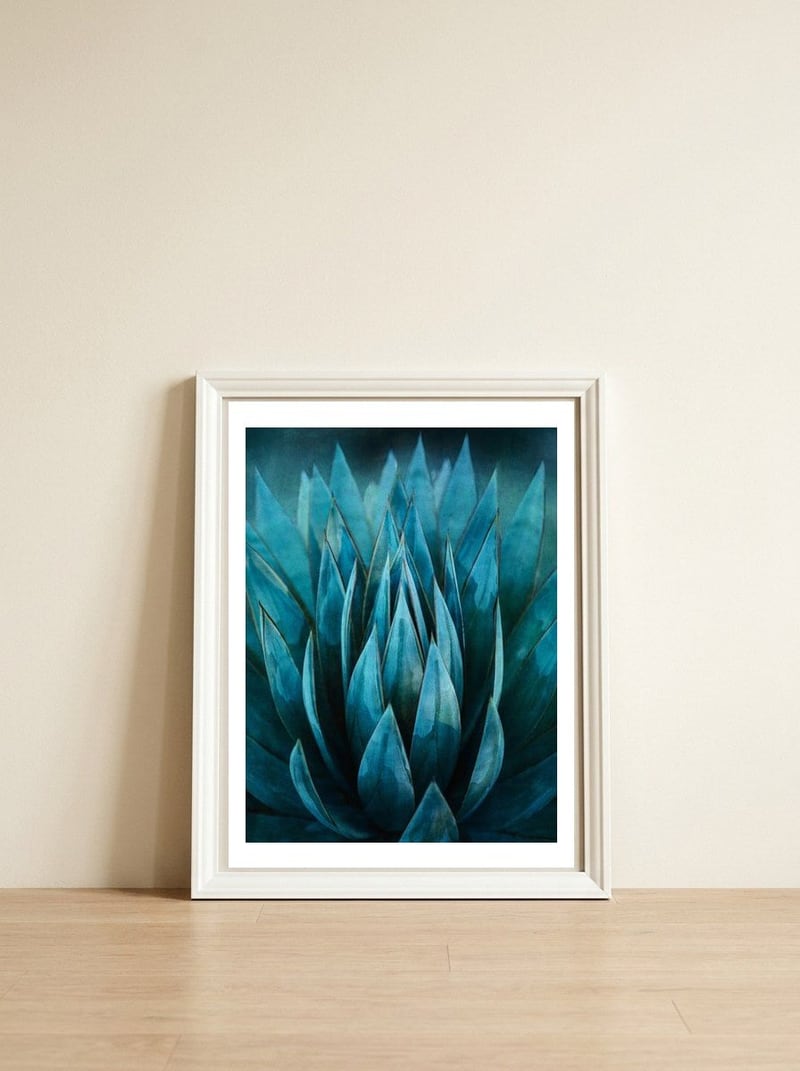 Blue Succulent — framed, leaning against the wall