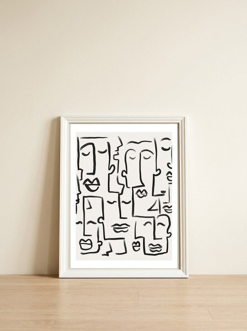 Faces Drawing — framed, leaning against the wall