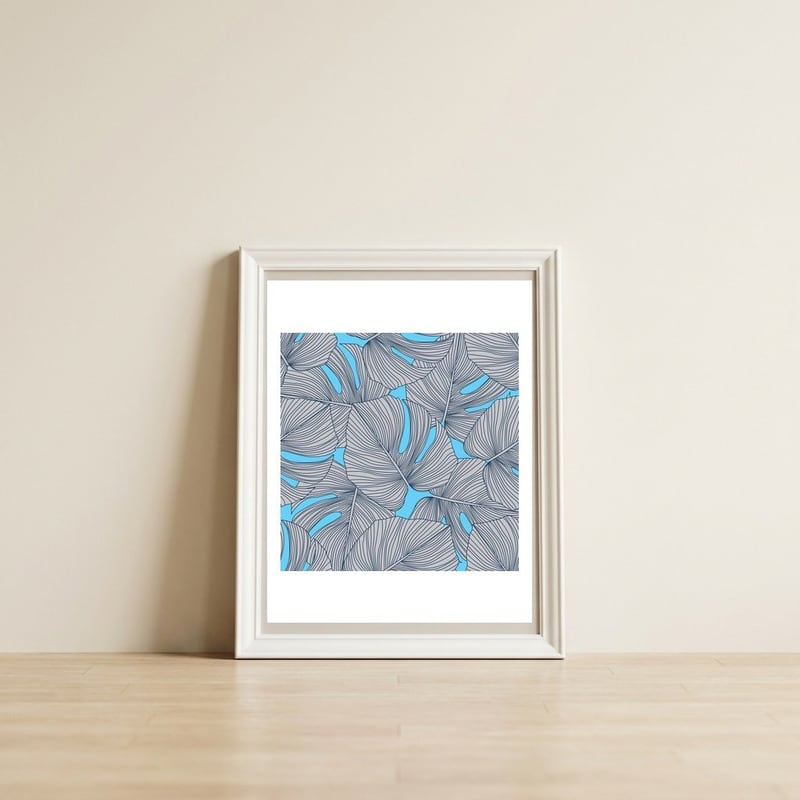 Leaves On Blue — framed, leaning against the wall
