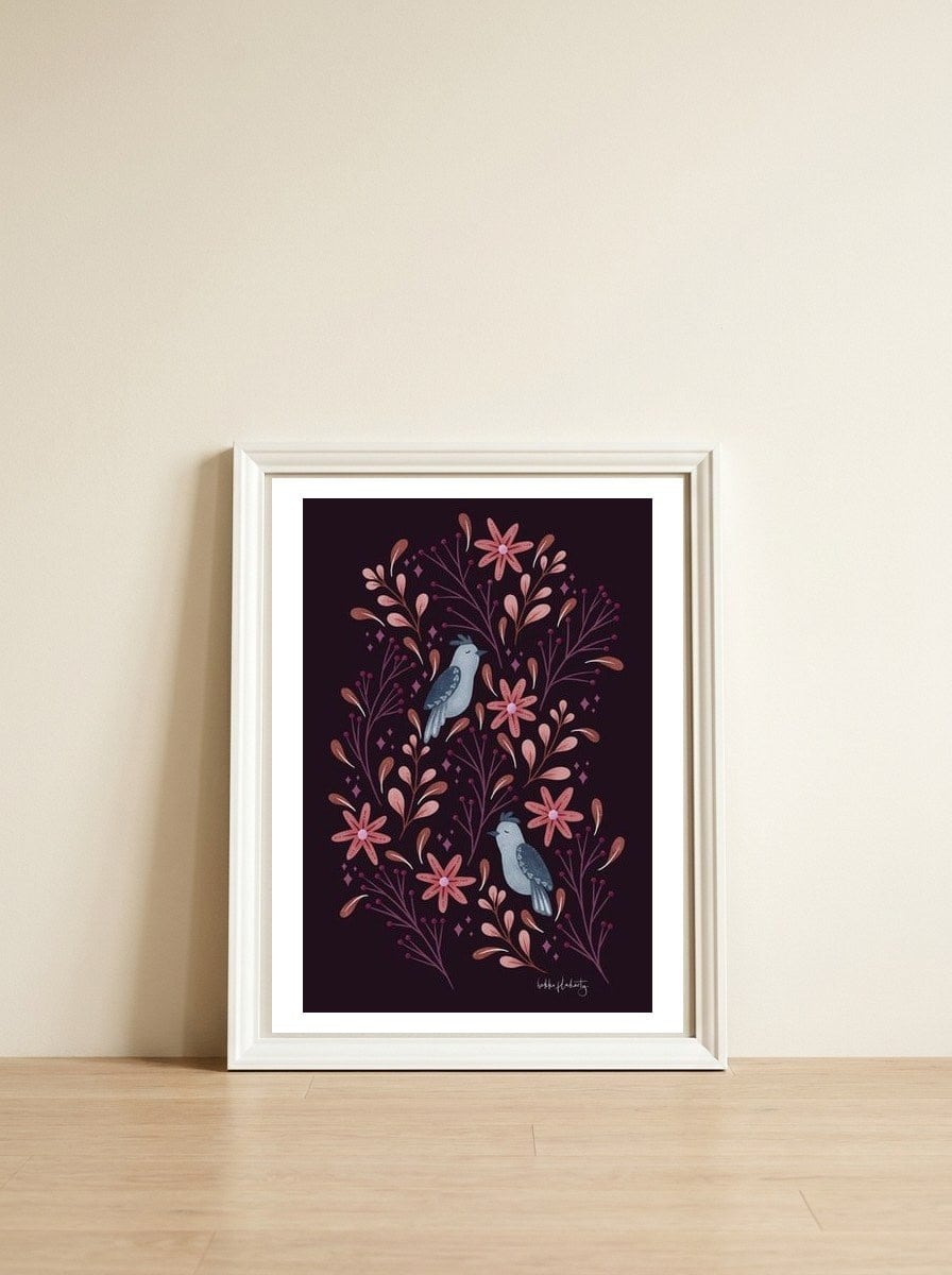 Folk-Art Birds — framed, leaning against the wall